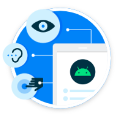 Illustrations of different accessibility symbols and the Android log