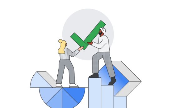 Two cartoon characters stand on top of graphs, holding a green checkmark.