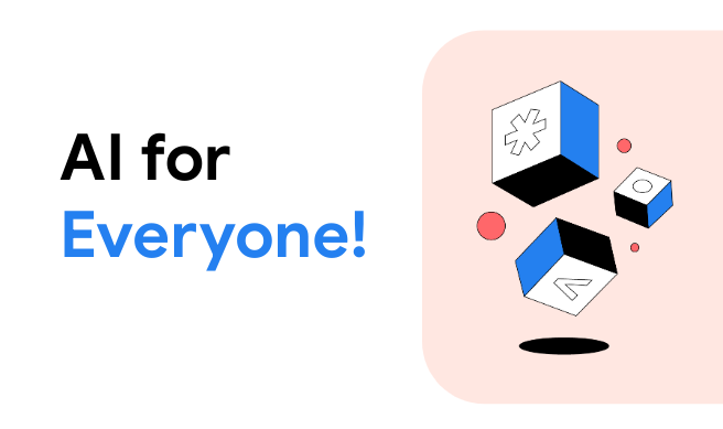 A white banner with the text 'AI for Everyone' in black and blue, featuring abstract blue and red geometric shapes.