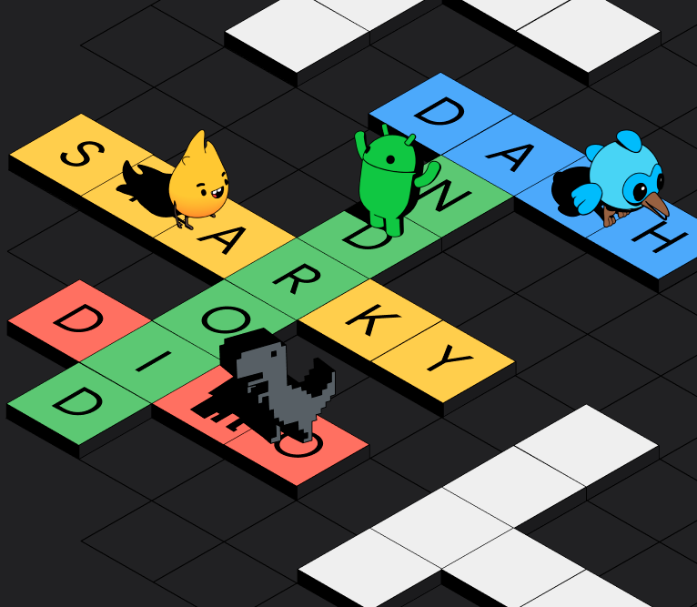 A crossword puzzle featuring Google characters. Sparky, Dash, Dino, and Android are cleverly integrated into the grid, with their names spelled out across different rows.