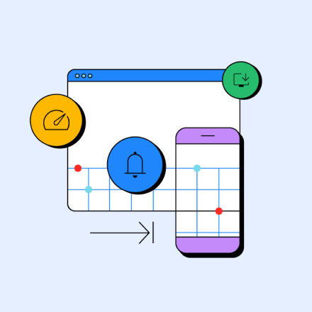 An illustration showcasing key elements of Progressive Web Apps, including cloud storage, notifications, and mobile accessibility.