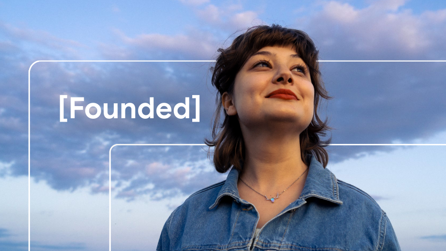 A photo of a woman in a denim jacket looking out at a blue sky. Text overlaying the image reads 'Founded' in white, promoting a Women Techmakers YouTube series.