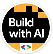 黑色與黃色幾何圖形背景上有白色字母「Build with AI」的圓形徽章。